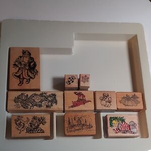 Rubber Stamps Christmas Theme Set Of 10 Holiday Wooden Stamps